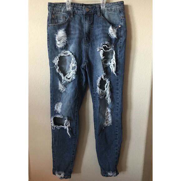Missguided Denim - Missguided Medium Wash Blue Riot High Rise Distressed Women's Mom Jean Size 10